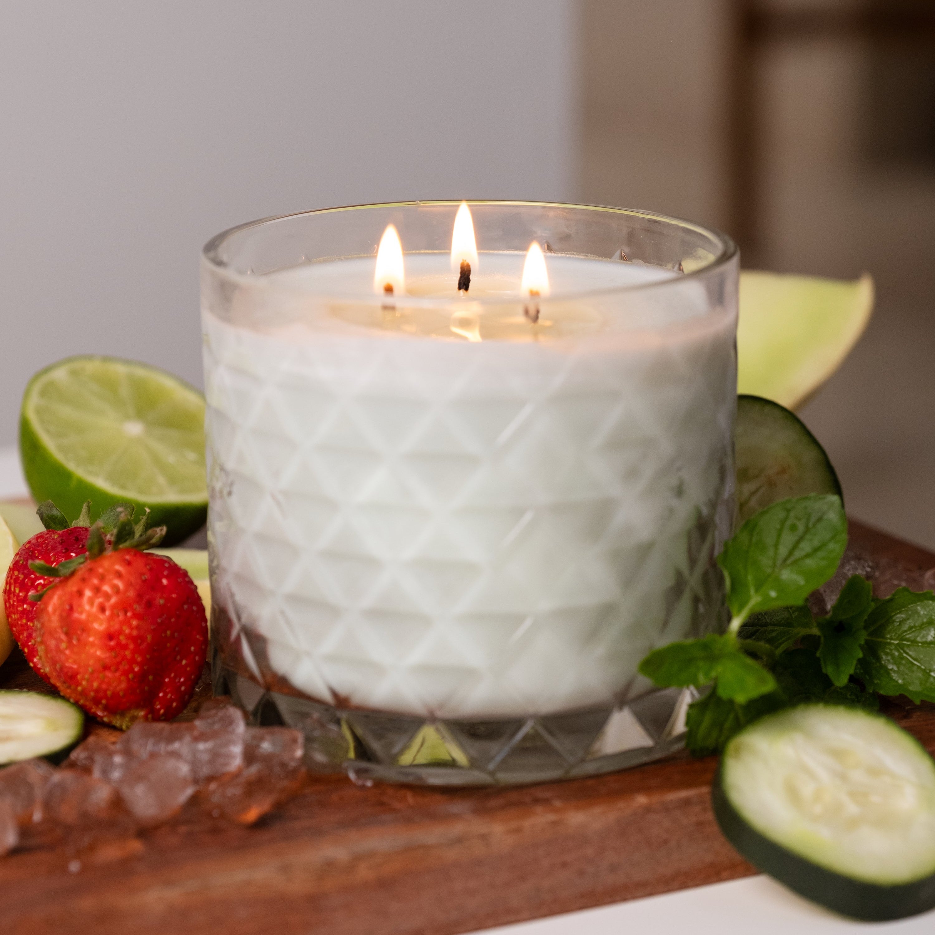 Clean-burning candle poured in Heritage diamond-cut glass jar - cucumber and melon scent