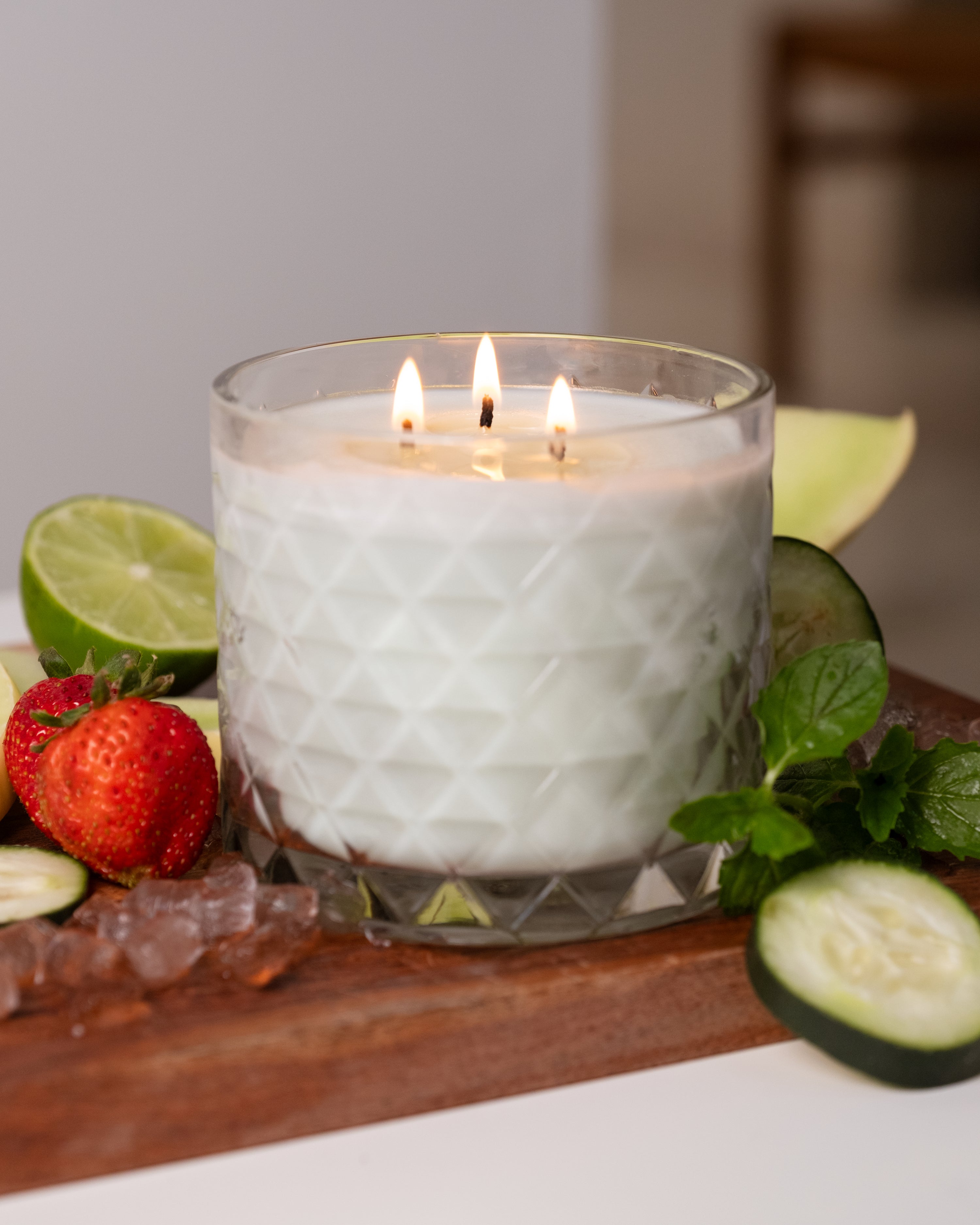 Clean-burning candle poured in Heritage diamond-cut glass jar - cucumber and melon scent